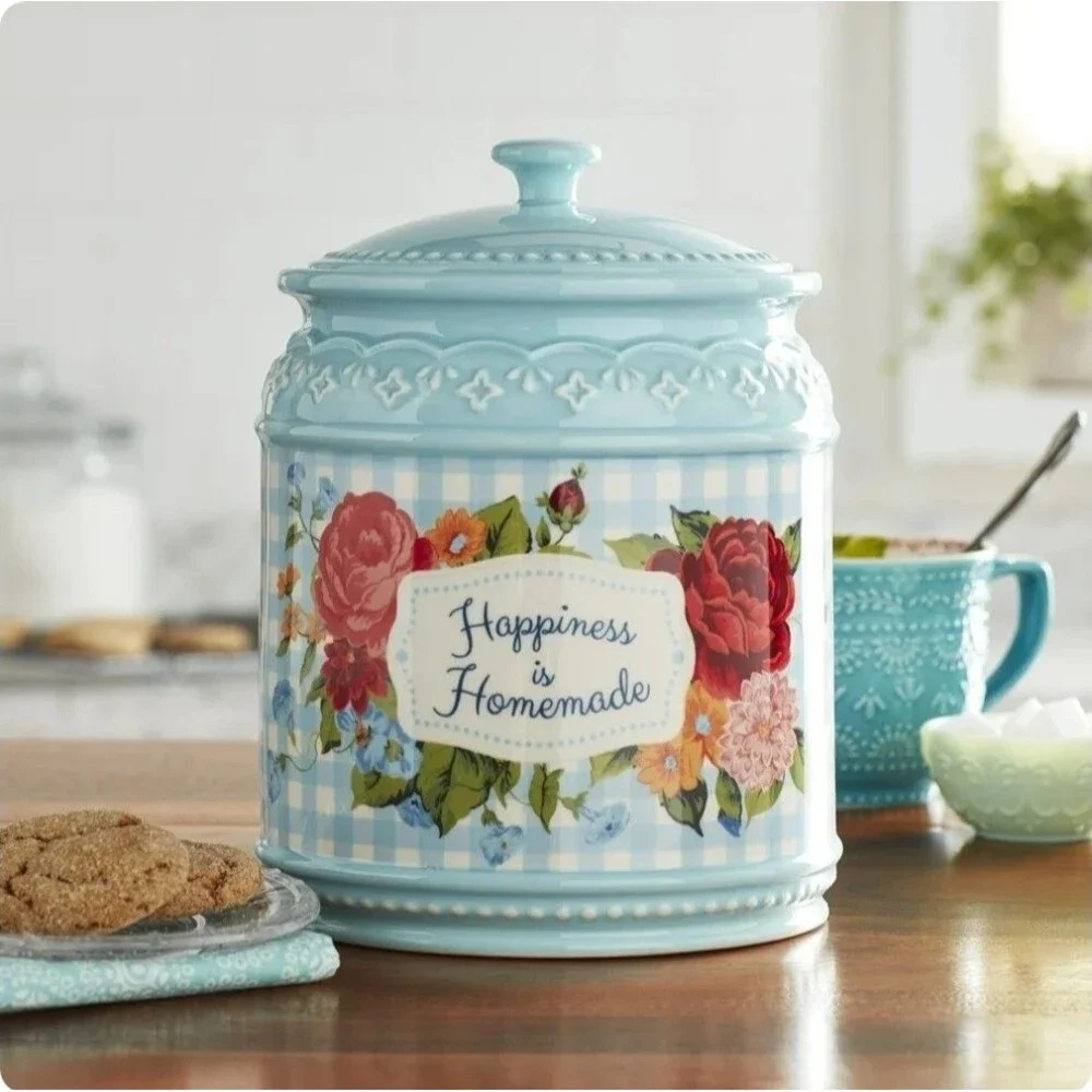 Pioneer Woman Cookie Jar Happiness Is Homemade Embossed Stoneware Floral Gingham